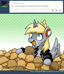Size: 650x754 | Tagged: safe, artist:johnjoseco, derpibooru import, derpy hooves, alicorn, pony, ask gaming princess luna, april fools, comic, derpicorn, happy, headset, muffin, muffin queen, open mouth, race swap, smiling, solo, spread wings, tumblr, wide eyes