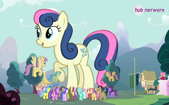 Size: 542x337 | Tagged: safe, derpibooru import, screencap, amethyst star, bon bon, bottlecap (character), dizzy twister, doctor whooves, eiffel, flounder (character), fuchsia fizz, lavenderhoof, lemon hearts, lyra heartstrings, oakey doke, orange swirl, parasol, sandstorm (character), sea swirl, seafoam, sweetie drops, time turner, welch, earth pony, pegasus, pony, unicorn, april fools, big bon, blue diamond, giant bon bon (sweetie drops), giant pony, giant/macro earth pony, giantess, hub network, macro, my biggest pony, the hub