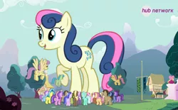 Size: 542x337 | Tagged: safe, derpibooru import, screencap, amethyst star, bon bon, bottlecap (character), dizzy twister, doctor whooves, eiffel, flounder (character), fuchsia fizz, lavenderhoof, lemon hearts, lyra heartstrings, oakey doke, orange swirl, parasol, sandstorm (character), sea swirl, seafoam, sweetie drops, time turner, welch, earth pony, pegasus, pony, unicorn, april fools, big bon, blue diamond, giant bon bon (sweetie drops), giant pony, giant/macro earth pony, giantess, hub network, macro, my biggest pony, the hub