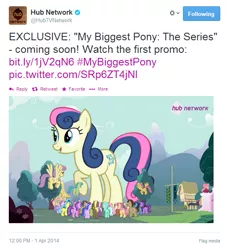 Size: 541x596 | Tagged: safe, derpibooru import, official, amethyst star, bon bon, dizzy twister, doctor whooves, lemon hearts, lyra heartstrings, orange swirl, sea swirl, silver spanner, earth pony, pegasus, pony, unicorn, april fools, big bon, giant bon bon (sweetie drops), giant pony, giant/macro earth pony, giantess, hub logo, hub network, macro, my biggest pony, the hub, xitter