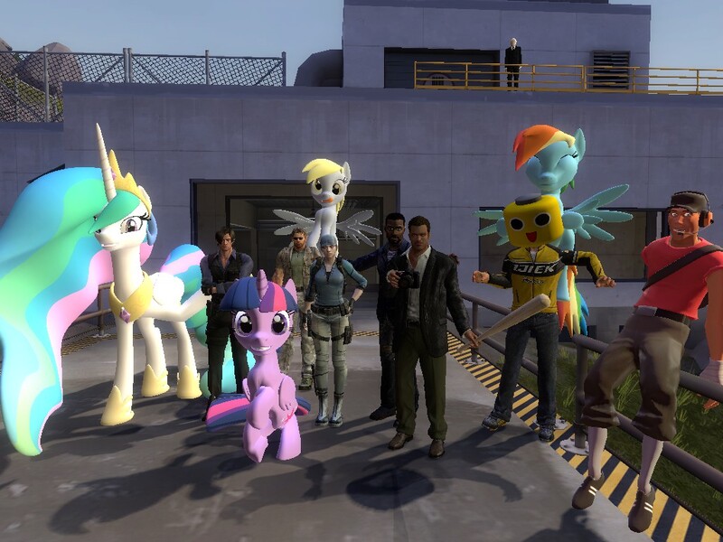 Size: 1024x768 | Tagged: safe, derpibooru import, derpy hooves, princess celestia, rainbow dash, twilight sparkle, twilight sparkle (alicorn), alicorn, human, pony, 3d, chris redfield, chuck greene, crossover, dead rising, female, frank west, gmod, jill valentine, lee everett, leon s. kennedy, mare, resident evil, scout, slender, team fortress 2, the walking dead, weird crossover