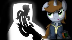 Size: 1024x576 | Tagged: safe, artist:teschke, derpibooru import, oc, oc:littlepip, oc:velvet remedy, unofficial characters only, pony, unicorn, fallout equestria, fanfic, clothes, fanfic art, female, horn, light, mare, pipbuck, shadow, vault suit