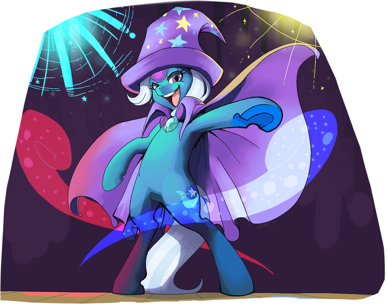 Size: 1835x1450 | Tagged: safe, artist:idrawweeklypony, derpibooru import, trixie, pony, bipedal, fireworks, hooves, horseshoes, smiling, solo, stage, underhoof