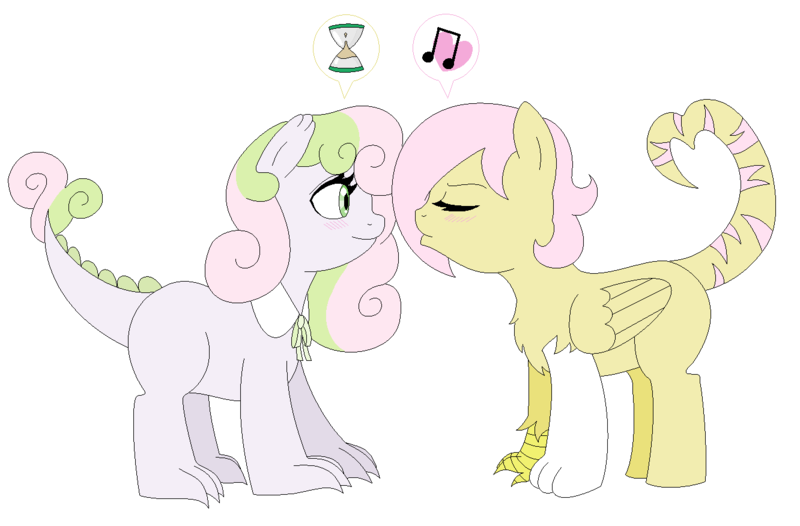 Size: 1332x876 | Tagged: artist:unoriginai, chimera, cute, derpibooru import, dracony, female, hourglass, hybrid, imminent kissing, interspecies offspring, kissy face, lesbian, love, music notes, oc, oc:allegro, oc:unnatural, oc x oc, offspring, offspring shipping, parent:discord, parent:fluttershy, parents:discoshy, parent:spike, parents:spikebelle, parent:sweetie belle, safe, shipping, speech bubble, unofficial characters only, young