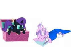 Size: 1500x1000 | Tagged: artist:bronyboy, artist:magerblutooth, artist:twitchytail, derpibooru import, diamond tiara, dinyx, oc, oc:nyx, overly attached girlfriend, plushie, safe, toy box