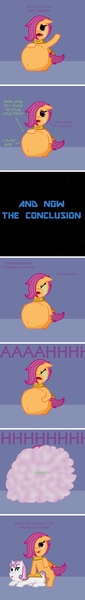 Size: 600x4260 | Tagged: safe, derpibooru import, scootaloo, sweetie belle, pony, unicorn, birthing, comic, cyborg 009, female, filly, hyper pregnancy, joke, pregnant, pregnant foal, pregnant scootaloo, shapeshifting, tongue out