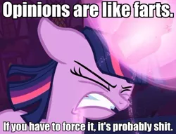 Size: 400x305 | Tagged: derpibooru import, edit, edited screencap, image macro, implied sharting, meme, opinion, safe, screencap, solo, twilight sparkle, vulgar