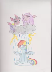 Size: 635x872 | Tagged: safe, artist:paint-imp22, derpibooru import, big boy the cloud gremlin, rainbow dash, runt the cloud gremlin, cloud gremlins, cloud, rain, storm, traditional art