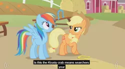 Size: 628x343 | Tagged: applejack, big pink loser, derpibooru import, fall weather friends, horseshoes, krusty krab, meme, rainbow dash, safe, screencap, spongebob squarepants, sweet apple acres, youtube caption