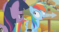 Size: 636x352 | Tagged: derp, derpibooru import, fall weather friends, meme, rainbow dash, rainbow derp, running of the leaves, safe, screencap, twilight sparkle, youtube caption