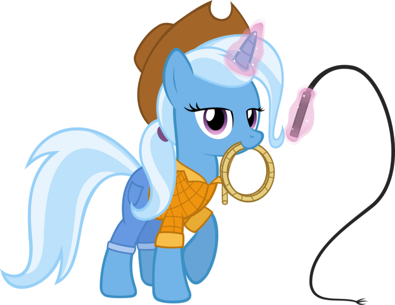 Size: 1949x1505 | Tagged: safe, artist:zacatron94, derpibooru import, trixie, pony, unicorn, alternate hairstyle, clone, clothes, cowboy, female, hat, lasso, lula, magic, mare, ponytail, rope, simple background, solo, transparent background, vector, whip
