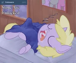 Size: 600x500 | Tagged: safe, artist:a6p, derpibooru import, amethyst star, derpy hooves, dinky hooves, pegasus, pony, ask dinky doo, bed, blanket, drool, female, mare, misleading thumbnail, not a penis, not what it looks like, sleeping, snoring, solo, tongue out, zzz