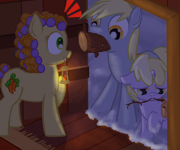 Size: 600x500 | Tagged: safe, artist:a6p, derpibooru import, carrot top, derpy hooves, dinky hooves, golden harvest, pegasus, pony, ask dinky doo, female, hair curlers, lantern, log, mare, saddle bag, shivering, sleepy, snow, twig