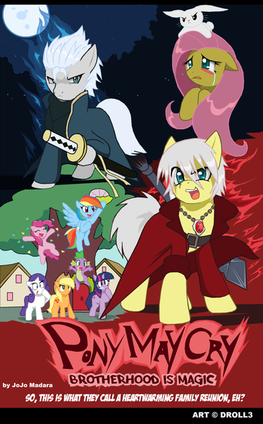 Size: 1001x1610 | Tagged: angel bunny, applejack, artist:droll3, crossover, dante (devil may cry), derpibooru import, devil may cry, devil may cry 3, fanfic art, fluttershy, mane six, moon, pinkie pie, rainbow dash, rarity, rebellion (devil may cry), safe, spike, twilight sparkle, vergil (devil may cry), yamato (devil may cry)