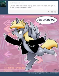 Size: 600x774 | Tagged: safe, artist:johnjoseco, derpibooru import, derpy hooves, alicorn, pony, ask gaming princess luna, april fools, comic, dance dance revolution, derpicorn, konami code, race swap, rhythm game, solo, tumblr