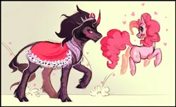 Size: 800x491 | Tagged: safe, artist:sutexii, derpibooru import, king sombra, pinkie pie, classical unicorn, earth pony, pony, unicorn, blushing, bouncing, cape, clothes, cloven hooves, colored horn, couple, crack shipping, curved horn, duo, female, heart, horn, jumping, leonine tail, male, mare, pronking, shipping, simple background, sombra's horn, sombrapie, stallion, tan background, tongue out