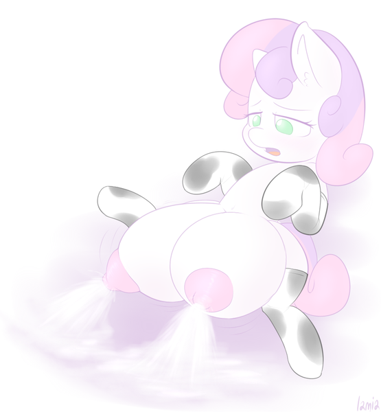 Size: 891x963 | Tagged: questionable, artist:lamia, derpibooru import, sweetie belle, big nipples, breast milk, clothes, cowbelle, cowprint, crotchboobs, female, foalcon, hyper lactation, impossibly large crotchboobs, jiggle, lactation, milk, milk squirt, nipples, nudity, open mouth, oppai loli, puddle, socks, solo, solo female