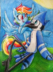 Size: 716x960 | Tagged: safe, artist:mordecairigbylover, derpibooru import, rainbow dash, crossover, crossover shipping, female, male, mordecai, mordedash, regular show, shipping, straight, traditional art