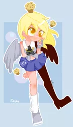 Size: 1000x1727 | Tagged: artist:nm, belly button, clothes, cupcake, derpibooru import, derpy hooves, fingerless gloves, gloves, human, humanized, midriff, muffin, necktie, pixiv, safe, skirt, socks, solo, winged humanization