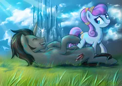 Size: 2000x1413 | Tagged: safe, artist:stasysolitude, derpibooru import, king sombra, sapphire joy, crystal pony, earth pony, pony, unicorn, a tale of one shadow, amber leaf, cloud, cloudy, crystal empire, duo, female, g4, grass, happy, image, looking back, lying down, lying in grass, male, mare, on back, png, scenery, sombra's cutie mark, younger
