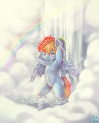 Size: 2272x2830 | Tagged: suggestive, artist:mrs1989, derpibooru import, rainbow dash, pegasus, pony, semi-anthro, armpits, belly button, bipedal, cloud, cloudy, female, looking at you, mare, rainbow, shower, signature, solo, waterfall, waterfall shower, wet, wet mane