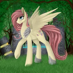 Size: 1500x1500 | Tagged: safe, artist:santagiera, derpibooru import, fluttershy, pegasus, pony, armor, female, grass, looking up, mare, outdoors, raised hoof, smiling, solo, standing, tree