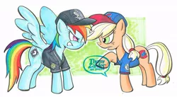 Size: 1023x561 | Tagged: safe, artist:thom zahler, derpibooru import, applejack, rainbow dash, baseball, baseball cap, chicago cubs, chicago white sox, clothes, image, jpeg, mlb