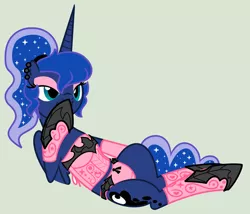 Size: 1600x1370 | Tagged: alternate hairstyle, artist:evilfrenzy, clothes, corset, derpibooru import, female, lingerie, panties, pink underwear, princess luna, ribbon, simple background, solo, solo female, stockings, suggestive, underwear, vector