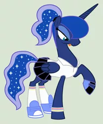 Size: 1600x1919 | Tagged: suggestive, artist:evilfrenzy, derpibooru import, princess luna, :p, clothes, female, golf, ponytail, raised hoof, shirt, simple background, skirt, solo, solo female, tongue out, vector