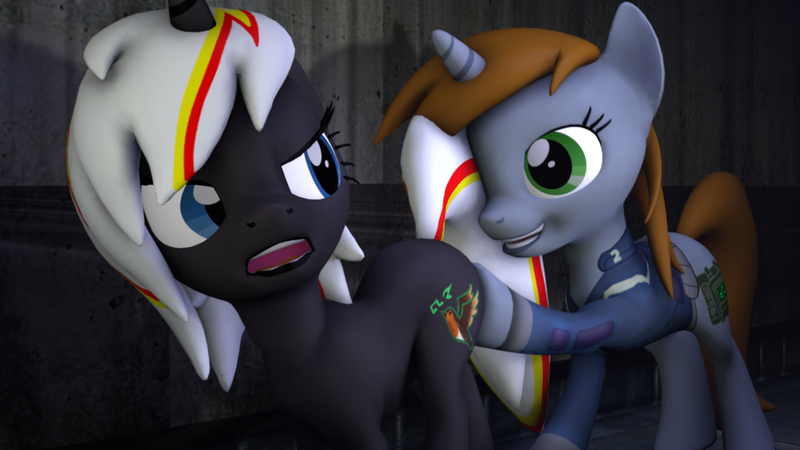 Size: 1920x1080 | Tagged: suggestive, artist:the4thaggie, derpibooru import, oc, oc:littlepip, oc:velvet remedy, unofficial characters only, pony, unicorn, fallout equestria, fanfic, 3d, butt grab, butt touch, clothes, fanfic art, female, flank, flirting, grope, hoof on butt, hooves, horn, mare, molestation, open mouth, pipbuck, smiling, source filmmaker, teeth, vault suit