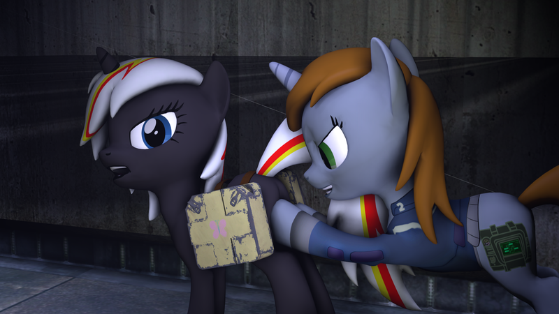 Size: 1920x1080 | Tagged: questionable, artist:the4thaggie, derpibooru import, oc, oc:littlepip, oc:velvet remedy, unofficial characters only, pony, unicorn, fallout equestria, fanfic, 3d, clothes, fanfic art, female, flank, fluttershy medical saddlebag, hooves, horn, mare, medical saddlebag, open mouth, pipbuck, plot, pushing, smiling, source filmmaker, teeth, vault suit
