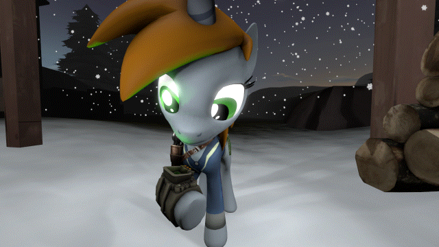 Size: 640x360 | Tagged: safe, artist:the4thaggie, derpibooru import, oc, oc:littlepip, unofficial characters only, pony, unicorn, fallout equestria, fanfic, 3d, animated, clothes, cutie mark, fanfic art, female, gif, hooves, horn, kkat-approved, mare, pipbuck, snow, snowfall, solo, source filmmaker, tree, vault suit