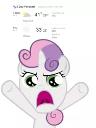 Size: 672x896 | Tagged: safe, derpibooru import, sweetie belle, frustrated, oh come on, reaction, solo, weather