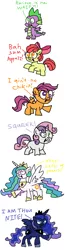 Size: 1000x3821 | Tagged: safe, artist:aleximusprime, derpibooru import, apple bloom, princess celestia, princess luna, scootaloo, spike, sweetie belle, alicorn, dragon, earth pony, pegasus, pony, unicorn, accent, april fools, buy some apples, derp, female, filly, flanderization, i am the night, mare, squeaky belle, waifu, ye olde butcherede englishe