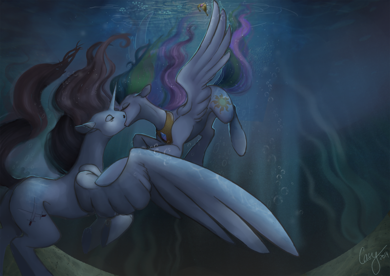 Size: 2000x1414 | Tagged: safe, artist:casynuf, derpibooru import, princess celestia, oc, alicorn, pony, alicorn oc, bubble, canon x oc, crepuscular rays, digital art, eyes closed, feather, female, floppy ears, flowing mane, flowing tail, gem, high res, horn, image, kissing, male, mare, ocean, peytral, png, red mane, seaweed, signature, spread wings, stallion, stallion oc, straight, sunlight, swimming, tail, underwater, water, wings