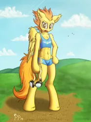 Size: 2000x2688 | Tagged: abs, anthro, arm hooves, artist:punk-pegasus, belly button, bipedal, bra on pony, breasts, clothes, delicious flat chest, derpibooru import, female, goggles, looking at you, midriff, safe, small breasts, solo, spitfire, sports bra, sports shorts, sweat