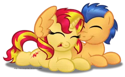 Size: 1280x786 | Tagged: safe, artist:aleximusprime, derpibooru import, flash sentry, sunset shimmer, pegasus, pony, unicorn, female, flashimmer, hug, male, shipping, simple background, straight, transparent background, winghug