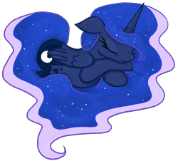 Size: 2942x2664 | Tagged: :3, artist:malwinahalfmoon, cute, ethereal mane, eyes closed, floppy ears, heart, long mane, long tail, missing accessory, princess luna, prone, safe, simple background, sleeping, smiling, solo, starry mane