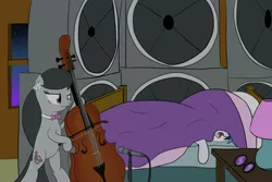 Size: 1024x683 | Tagged: amplifier, artist:halflingpony, bed, cello, cotton balls, derpibooru import, glasses, lamp, microphone, musical instrument, octavia melody, revenge, safe, this will end in tears, vinyl scratch