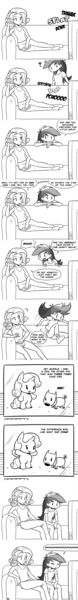 Size: 1155x8930 | Tagged: absurd resolution, artist:megasweet, canter girls, canterlot, comic, couch, derpibooru import, dog, human, humanized, laughing, monochrome, pun, rainbow dash, rarity, safe, smarty belle, sweetie belle, television