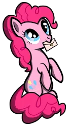 Size: 825x1500 | Tagged: artist:bigshot232, cute, derpibooru import, diapinkes, invitation, letter, mouth hold, pinkie pie, safe, simple background, sitting, smiling, solo, transparent background