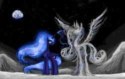 Size: 1280x807 | Tagged: artist:clrb, derpibooru import, earth, magic, missing accessory, moon, nightmare luna, nightmare moon, planet, princess luna, safe, solo, spread wings, statue