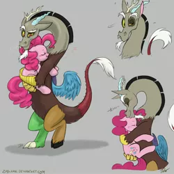 Size: 3300x3300 | Tagged: safe, artist:zabchan, derpibooru import, discord, pinkie pie, earth pony, pony, blushing, carrying, cuddling, discopie, eyes closed, female, floppy ears, gray background, grin, holding, hug, kiss on forehead, kissing, male, mare, shifty eyes, shipping, simple background, smiling, snuggling, straight, wavy mouth