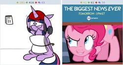 Size: 508x270 | Tagged: safe, derpibooru import, pinkie pie, twilight sparkle, twilight sparkle (alicorn), alicorn, pony, derpibooru, april fools, exploitable meme, female, helmet, hub logo, juxtaposition, juxtaposition win, mare, meme, meta, my biggest pony, pinkie fuel