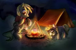 Size: 1072x716 | Tagged: safe, artist:mcstalins, derpibooru import, derpy hooves, dinky hooves, pegasus, pony, book, campfire, camping, female, fire, mare, pot, tent
