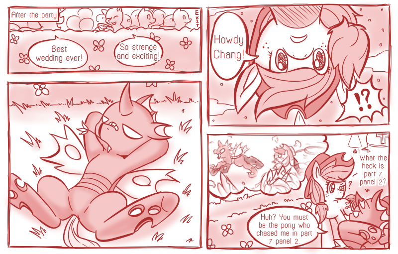 Size: 800x510 | Tagged: alternate universe, applechang, applejack, artist:vavacung, change bond, changeling, comic, comic:when villain win, derpibooru import, featureless crotch, flashback, fourth wall, monochrome, oc, oc:chang, safe