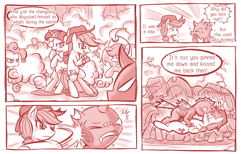 Size: 800x512 | Tagged: a canterlot wedding, accidental kiss, alternate universe, applechang, applejack, artist:vavacung, blushing, change bond, changeling, comic, comic:when villain win, derpibooru import, kissing, monochrome, oc, oc:chang, safe, shipping, surprise kiss