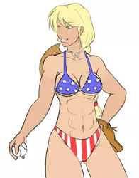 Size: 674x858 | Tagged: abs, american flag, american flag bikini, amerijack, applejack, applejacked, artist:eve-ashgrove, baseball, bra, breasts, cleavage, clothes, derpibooru import, female, flag bikini, human, humanized, murica, muscles, panties, sexy, simple background, solo, solo female, starry underwear, striped underwear, stupid sexy applejack, suggestive, underboob, underwear