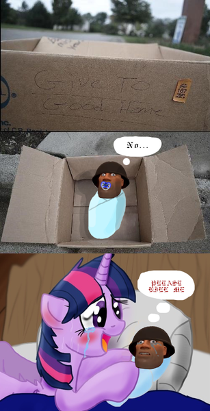 Size: 500x978 | Tagged: safe, artist:biosonic100, derpibooru import, edit, twilight sparkle, twilight sparkle (alicorn), alicorn, pony, fanfic:my little dashie, baby, bad end, blushing, crying, dashie meme, exploitable meme, female, gimp, implied merasmus, mama twilight, mare, meme, memeception, soap.avi, sobbing, soldier, team fortress 2, twilight's offspring, wat