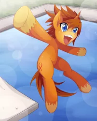 Size: 1000x1244 | Tagged: safe, artist:jinzhan, derpibooru import, oc, unofficial characters only, pony, unicorn, commission, diving board, jumping, solo, swimming pool